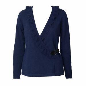 Fenn Wright Manson Navy blue Wrap Sweater ruffle long sleeve Italian merino wool